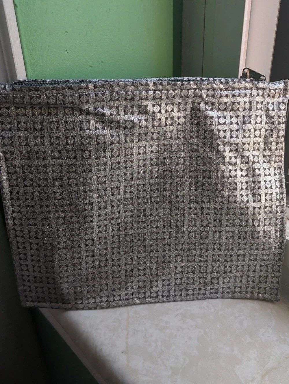 West Elm Silver Geometric Zip Pouch